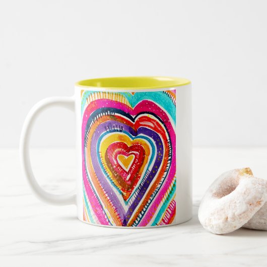 Heart boho Aquarellkunst Zweifarbige Tasse (Mit Donut)