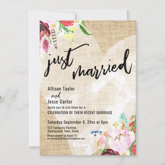 Heart Boho Blume Burlap Just Married Empfang Einladung (Vorderseite)