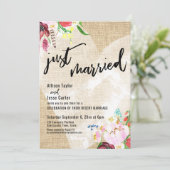 Heart Boho Blume Burlap Just Married Empfang Einladung (Stehend Vorderseite)