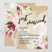 Heart Boho Blume Burlap Just Married Empfang Einladung (Vorne/Hinten)