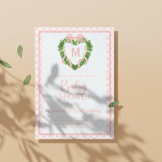 Heart Bow Coquette Wreath Monogram Babydusche Einladung
