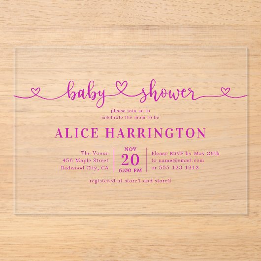 Heart Calligraphy Minimalist Pink Baby Shower Acryleinladungen (Vorderseite)