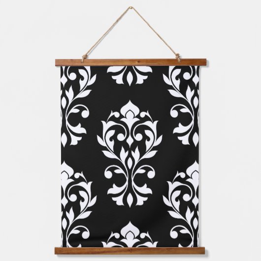 Heart Damask Lg Ptn II White on Black Wandteppich Mit Holzrahmen (Vorderseite)