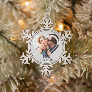 Heart Dating Couple Girlfriend Boyfriend Photo Schneeflocken Zinn-Ornament