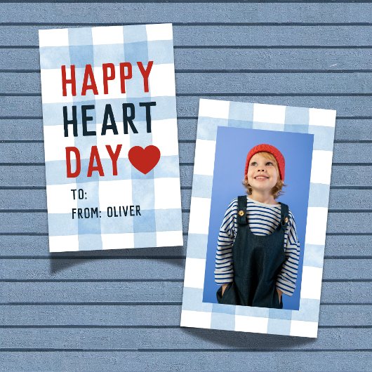Heart Day Blue Gingham Valentine's Classroom Card Mitteilungskarte