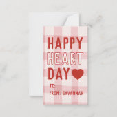 Heart Day Pink Gingham Valentines Classroom Card Mitteilungskarte (Vorderseite)