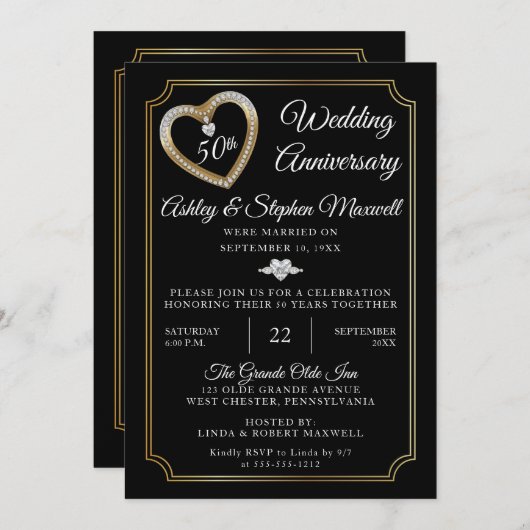 Heart Diamonds 50th Wedding Anniversary Party Einladung (Vorne/Hinten)