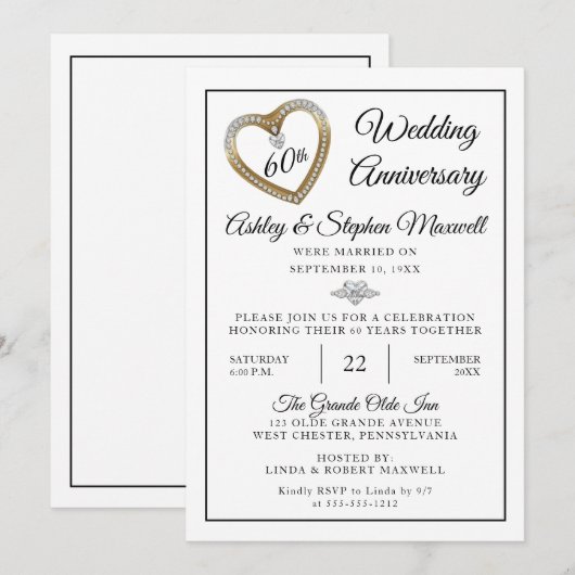 Heart Diamonds 60th Wedding Anniversary Party Einladung (Vorne/Hinten)