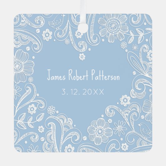 Heart Doodle Baby Boy Name Birthday Bible Verse Ornament Aus Metall (Vorderseite)