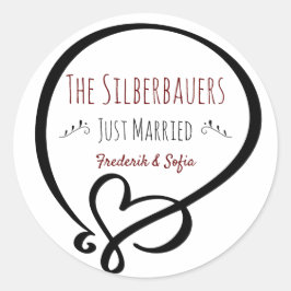 Heart Doodle, Just Married, Name des Ehepaares Runder Aufkleber