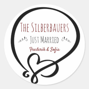 Heart Doodle, Just Married, Name des Ehepaares Runder Aufkleber