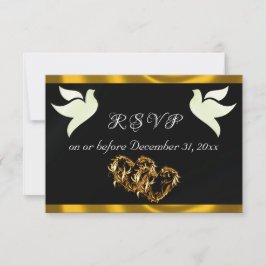 Heart, Doves & Ribbon - Black/Gold RSVP Karte