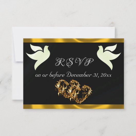 Heart, Doves & Ribbon - Black/Gold RSVP Karte (Vorderseite)