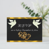 Heart, Doves & Ribbon - Black/Gold RSVP Karte (Stehend Vorderseite)