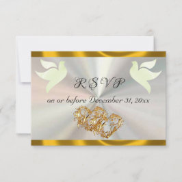 Heart, Doves & Ribbon - White/Gold RSVP Karte