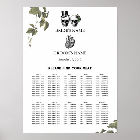 Heart Floral Skulls Wedding Seating Chart Poster (Vorne)