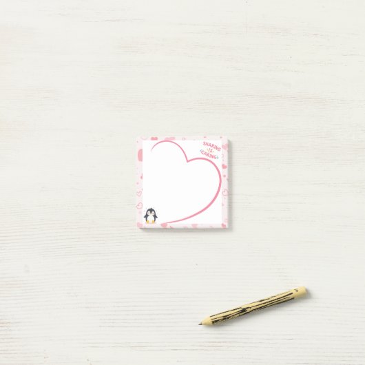 Heart Frame and Kawaii Penguin pink post it notes Post-it Klebezettel (Auf Schreibtisch)