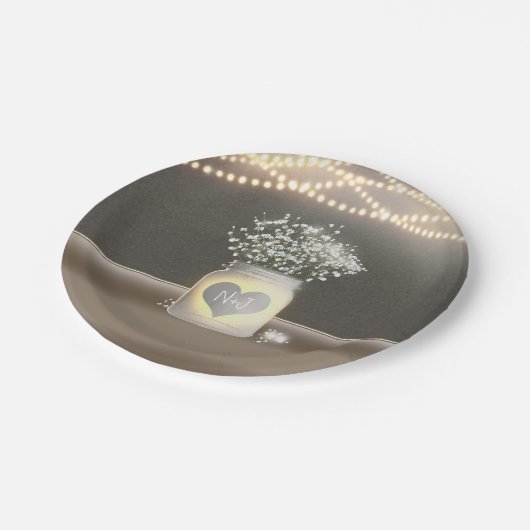 Heart Glows Mason Jar & Gipskraut Wedding Pappteller (Schrägansicht)