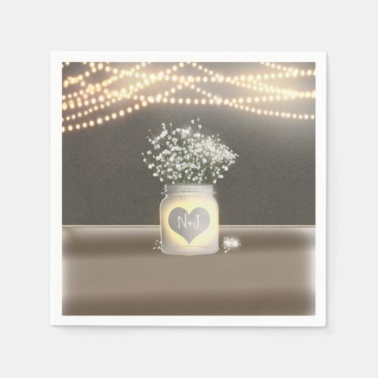Heart Glows Mason Jar & Gipskraut Wedding Serviette (Vorderseite)