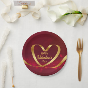 Heart Gold Ribbon Happy Valentine's Day Red Pappteller