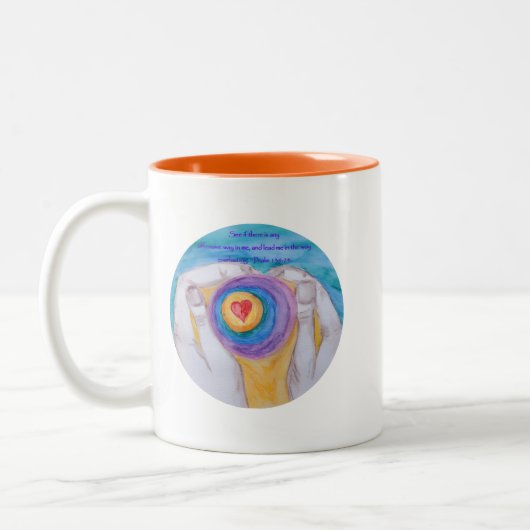 Heart in Hands Cir Ps 139:24, dig signed, titled, Zweifarbige Tasse (Links)