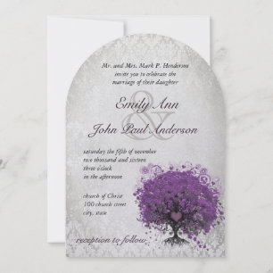 Heart Leaf Eggplant Tree Vintag Damask Wedding Einladung