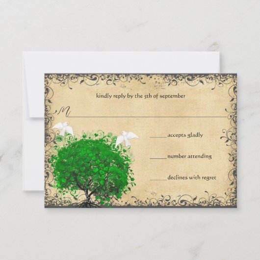Heart Leaf Emerald Tree Dove Bird Wedding RSVP (Vorderseite)
