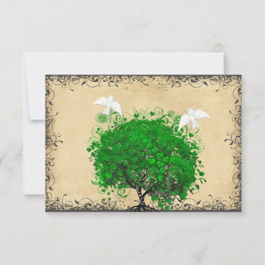 Heart Leaf Emerald Tree Dove Bird Wedding RSVP Karte (Rückseite)