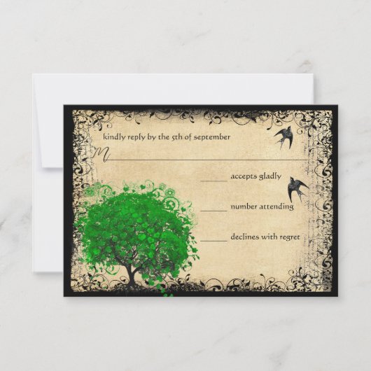 Heart Leaf Emerald Tree Love Bird Wedding RSVP Karte (Vorderseite)