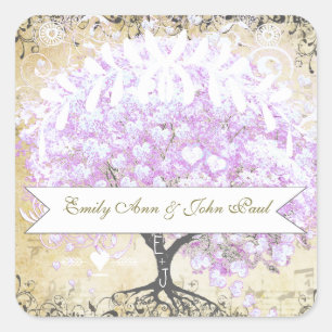 Heart Leaf Lavender Tree Vintag Bird Wedding Quadratischer Aufkleber