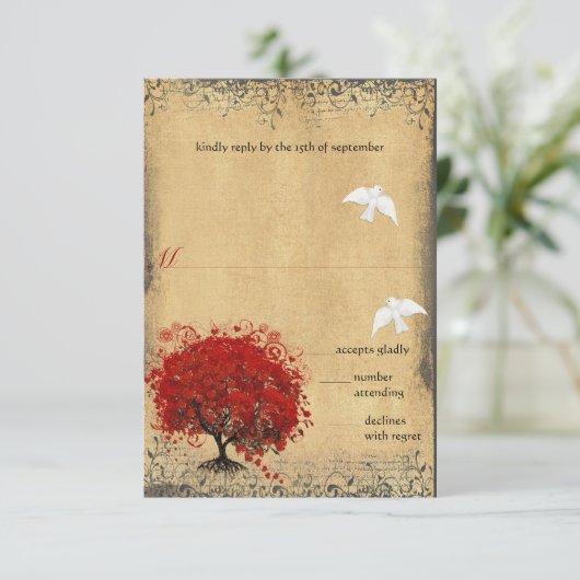 Heart Leaf Red Tree Dove Love Bird Wedding RSVP (Stehend Vorderseite)