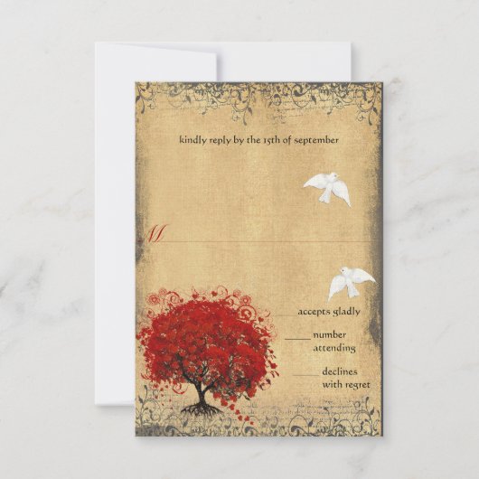 Heart Leaf Red Tree Dove Love Bird Wedding RSVP Karte (Vorderseite)