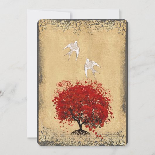Heart Leaf Red Tree Dove Love Bird Wedite Einladun Einladung (Vorderseite)