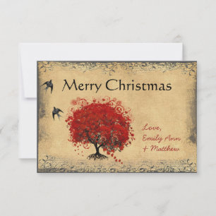 Heart Leaf Red Tree Vintag Bird Weihnachten Einladung