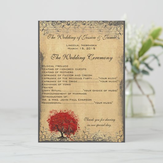 Heart Leaf Tree Burnt Parchment Wedding Programm (Stehend Vorderseite)