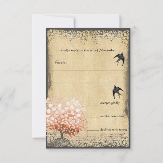 Heart Leaf Tree Light Coral Birds Wedding RSVP Karte (Vorderseite)