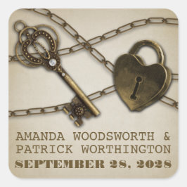 Heart Lock und Skeletton Key Gastgeschenk Hochzeit Quadratischer Aufkleber