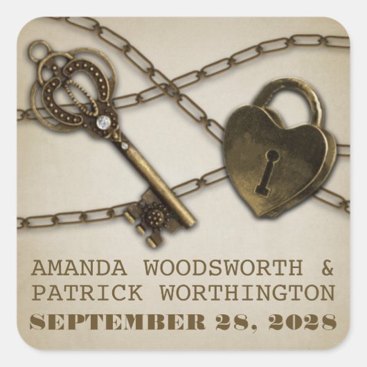 Heart Lock und Skeletton Key Gastgeschenk Hochzeit Quadratischer Aufkleber (Vorderseite)