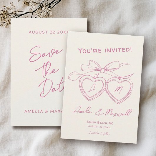 Heart Locket Niedlich Moderne Monogram Pink Bow We Save The Date