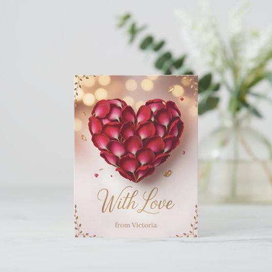 Heart Made of Deep Red Rose Petals and Gold Script Postkarte (Stehend Vorderseite)