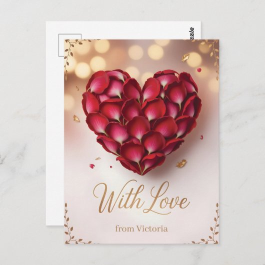 Heart Made of Deep Red Rose Petals and Gold Script Postkarte (Vorne/Hinten)