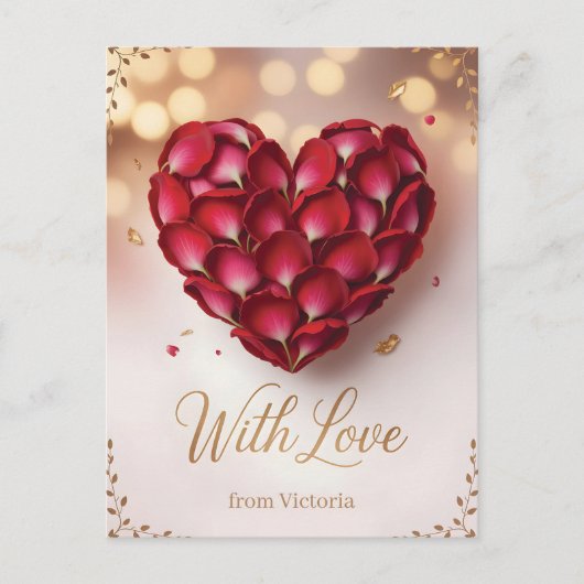 Heart Made of Deep Red Rose Petals and Gold Script Postkarte (Vorderseite)