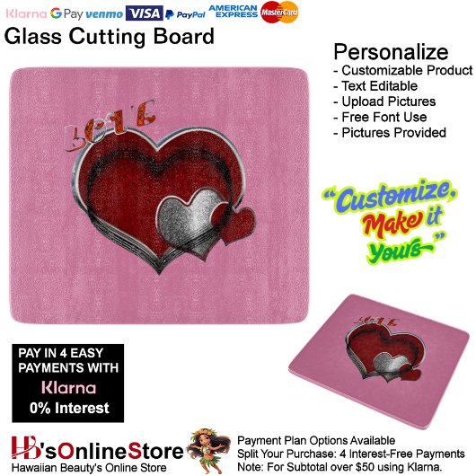 Heart Magic Pink Glass Cutting Board 15,2x17,8cm Schneidebrett