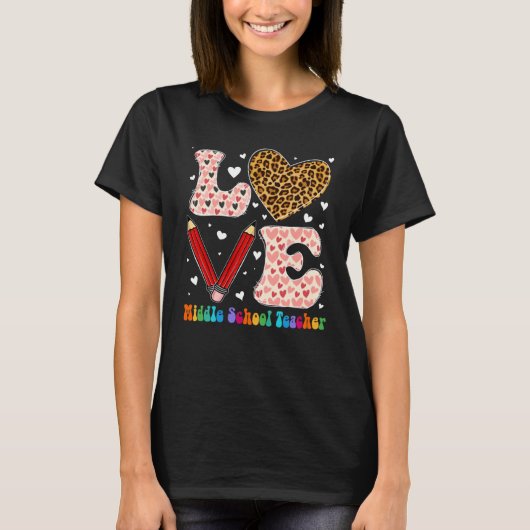 Heart Middle School Teacher Leopard Plaid Valentin T-Shirt (Vorderseite)