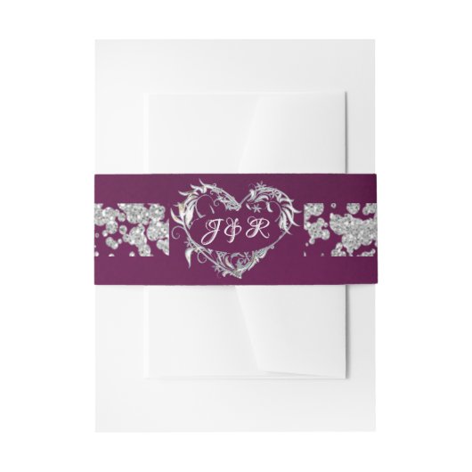 Heart Monogram & Glitter on Plum Einladungsbanderole (Vorderseite Beispiel)