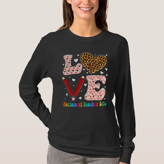 Heart Montessori Teacher Life Leopard Plaid Valent T-Shirt (Vorderseite)