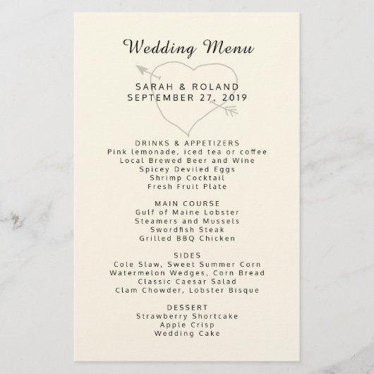 Heart n Arrow Custom Ecru Simple Wedding Menu (Vorderseite)