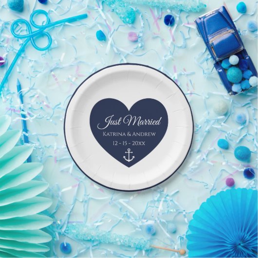 Heart Navy Blue Nautical Just Married Wedding Pappteller (Party)