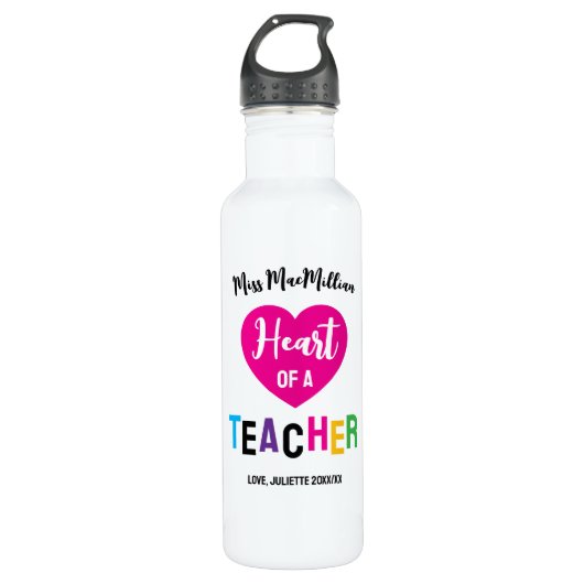 Heart of a Teacher Gift Pink Black Script Edelstahlflasche (Vorderseite)