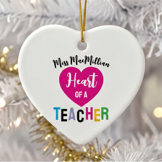 Heart of a Teacher Gift Pink Black Script Keramik Ornament
